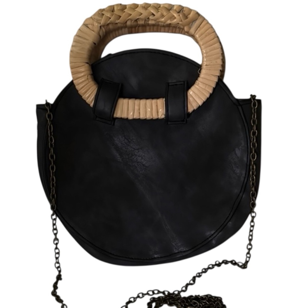 Wet Seal Faux Leather Black Circular Handbag with Tan Handle Chain Crossbody